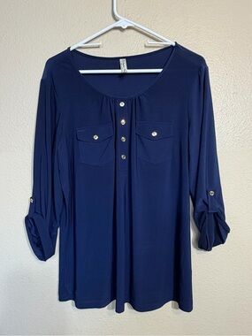 PerSeption Concept Navy Button-Front Roll Sleeve Blouse